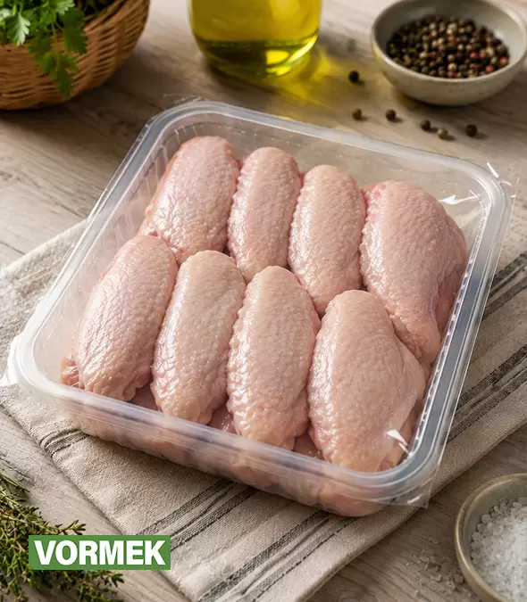 Sealed tray of fresh chicken wings