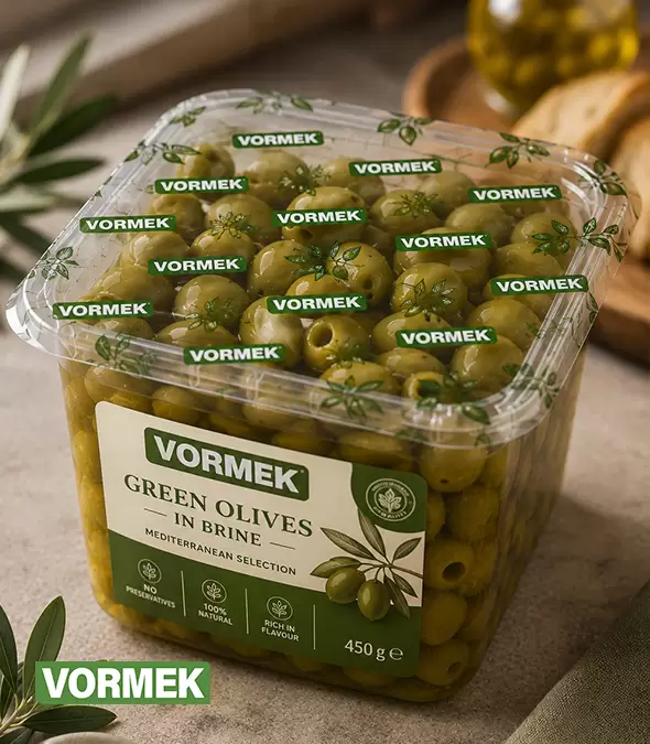 Sealed green olives in brine in a clear tray